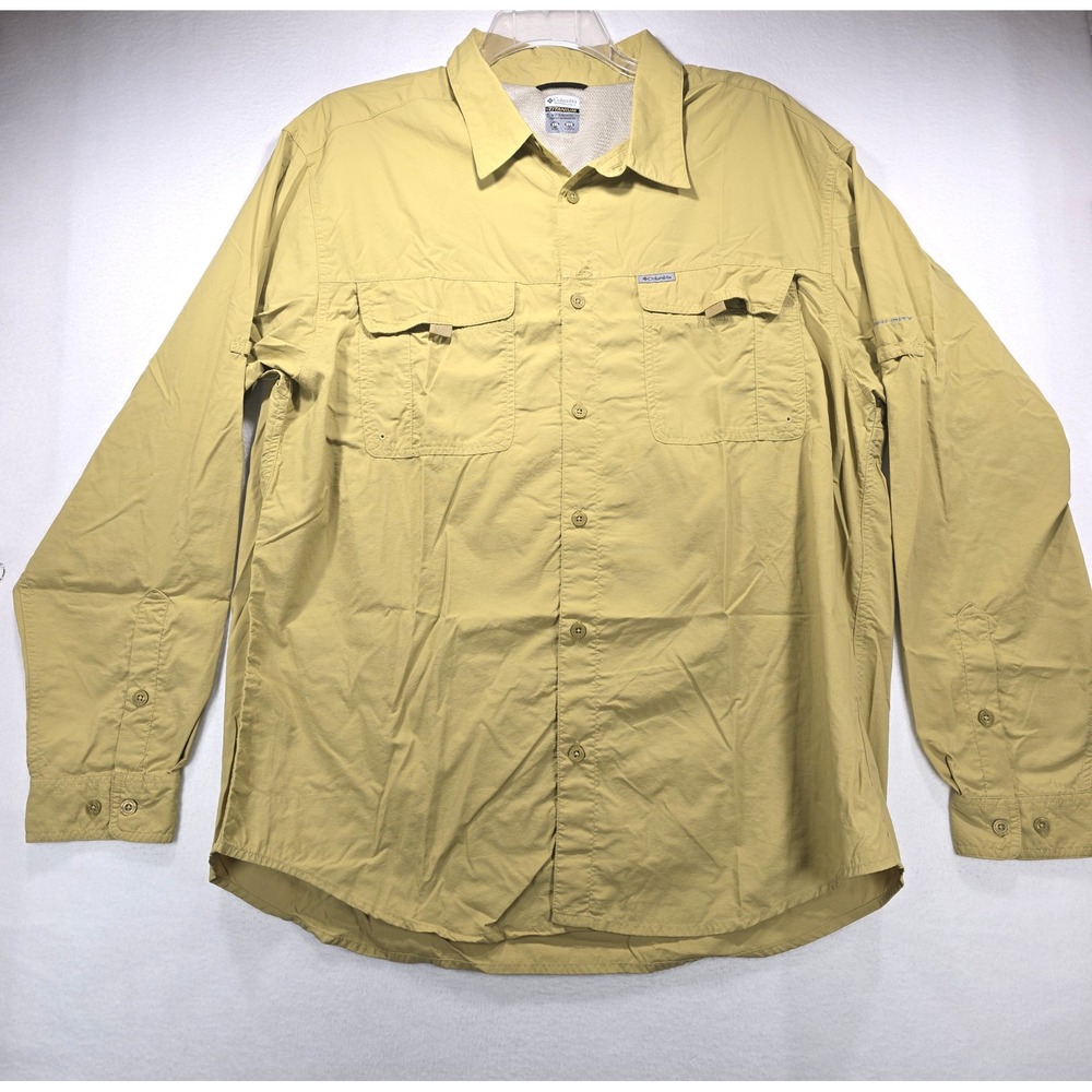 Columbia Titanium Mens XXL Tan Khaki Long Sleeve Hiking Fishing Shirt Nylon
